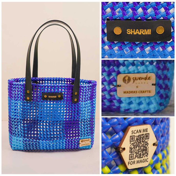 Blue Shades Checkered Handmade Wire Koodai Tote Bag