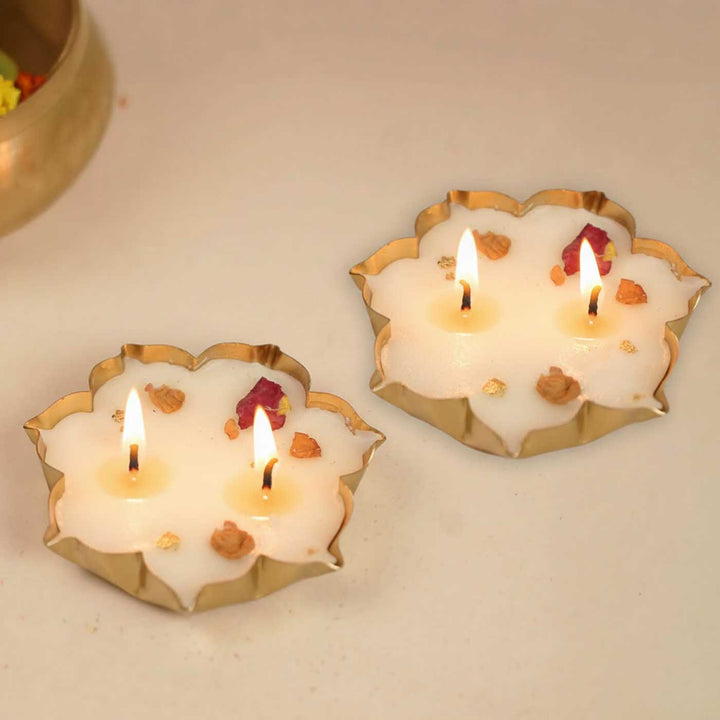 4 Inch | Handmade Floral Soy Wax Brass Urli Diya | Set Of 2