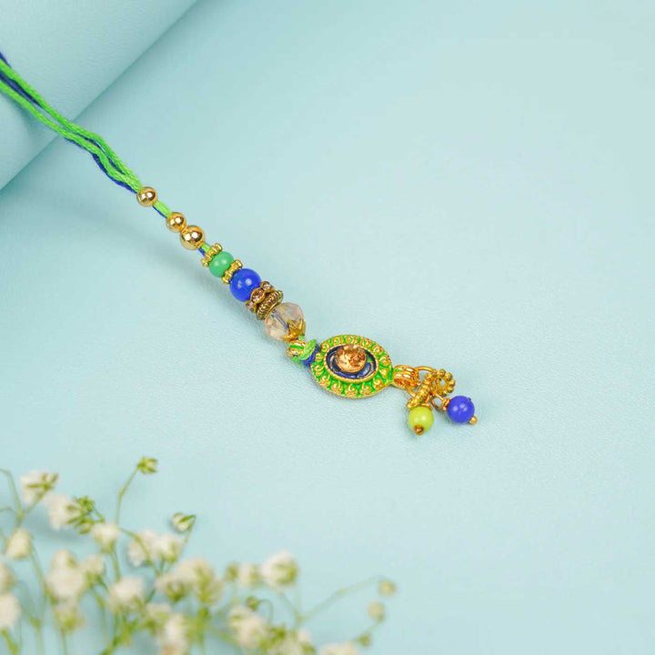 Handmade Beaded Green & Blue Jadtar Lumba Rakhi for Bhabhi With Roli Chawal