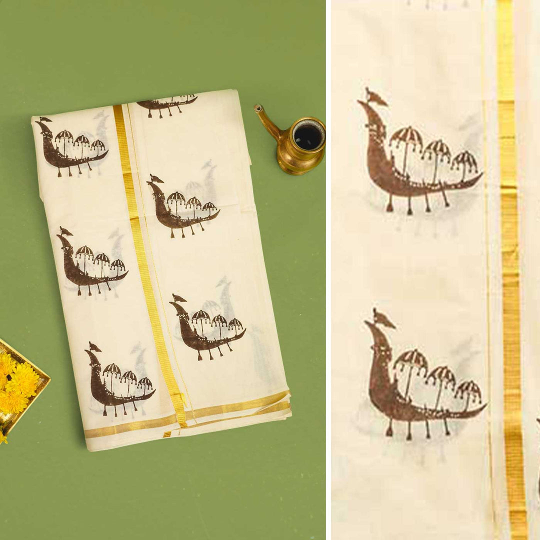 Brown Boat Hand Block Printed Traditional Kasavu Dhoti With Golden Zari | Onam Special | 3.5m
