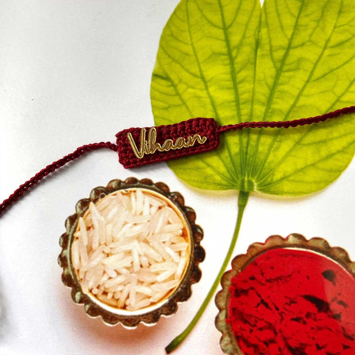 Personalized Handmade Crochet Rectangle Shape Cotton Rakhi With Roli Chawal - Styled with Rice and Color Powders