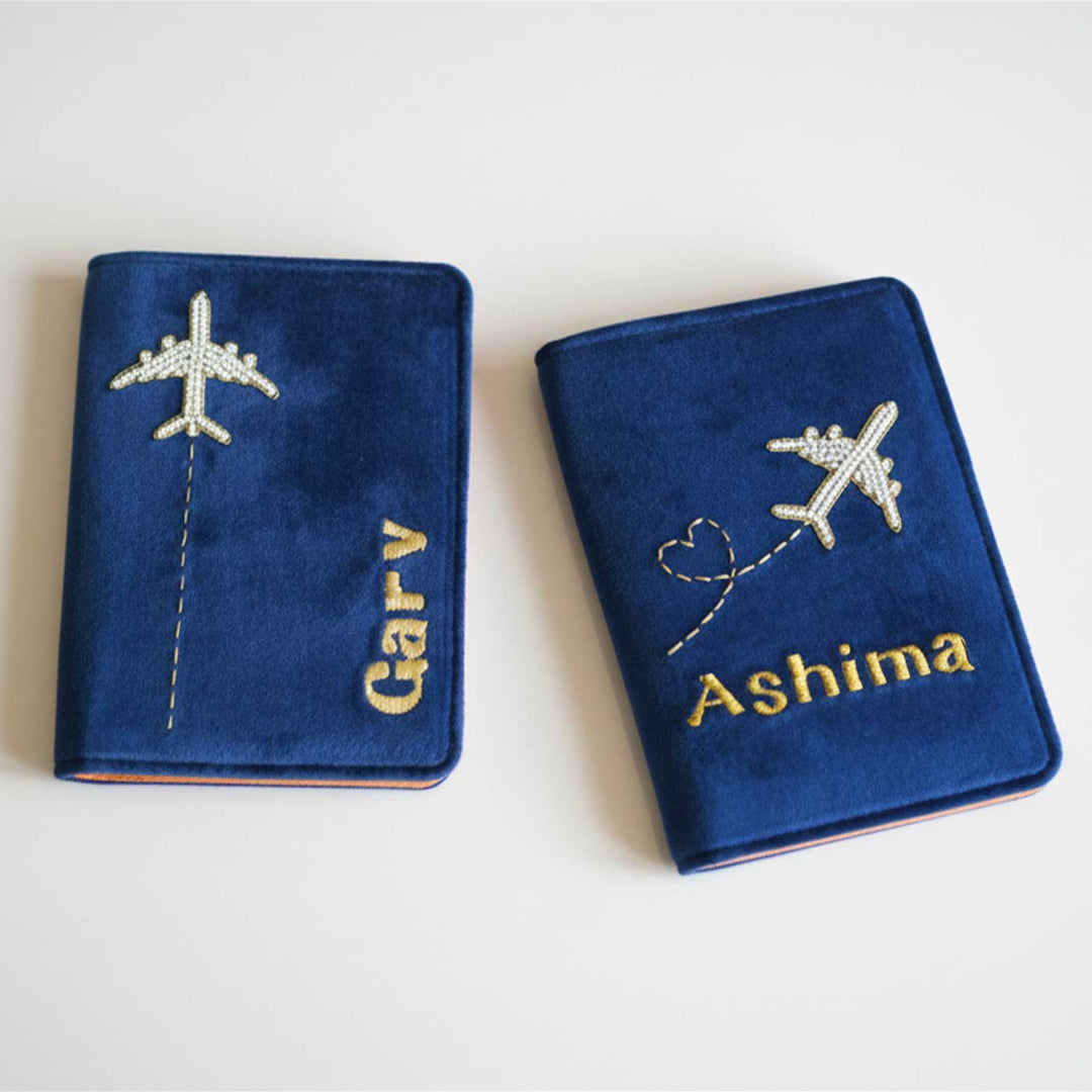 2 Pc | His & Her Personalized Handmade Embroidered Flight Design Passport Sleeve For Couples