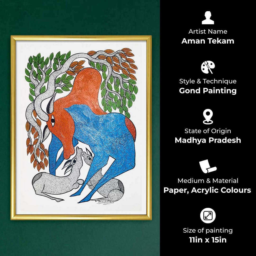 11 x 15 Inch | A Mother’s Embrace Of Cow | Original Hand Painted Tribal Gond Art Painting | Acrylic Paint On Paper