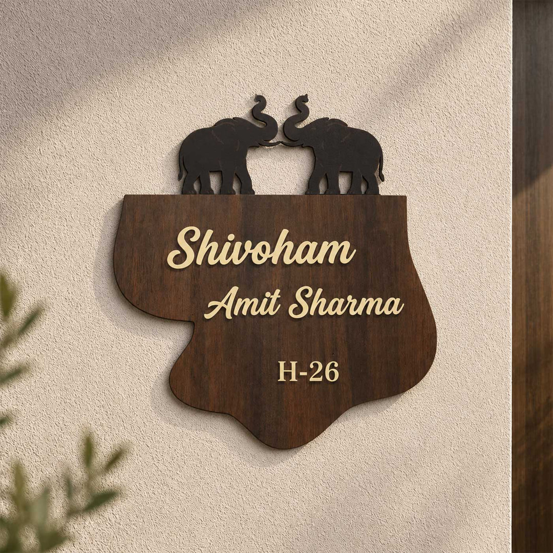 Personalized Elephant & Shiva Motif Rubber Wood Name Plate With 3D Metal Letters For Home