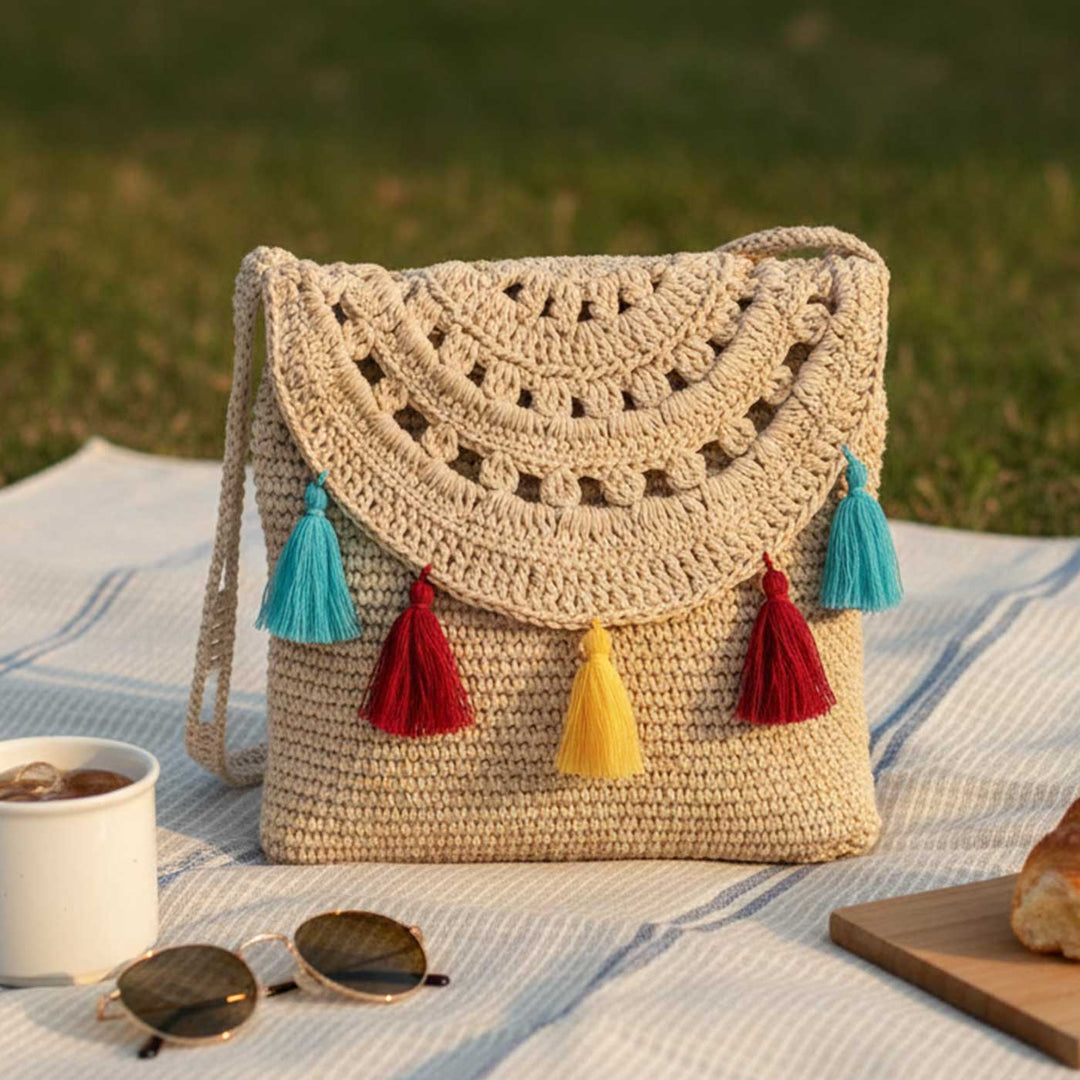 Handmade Crochet Tasseled Beach Sling Bag