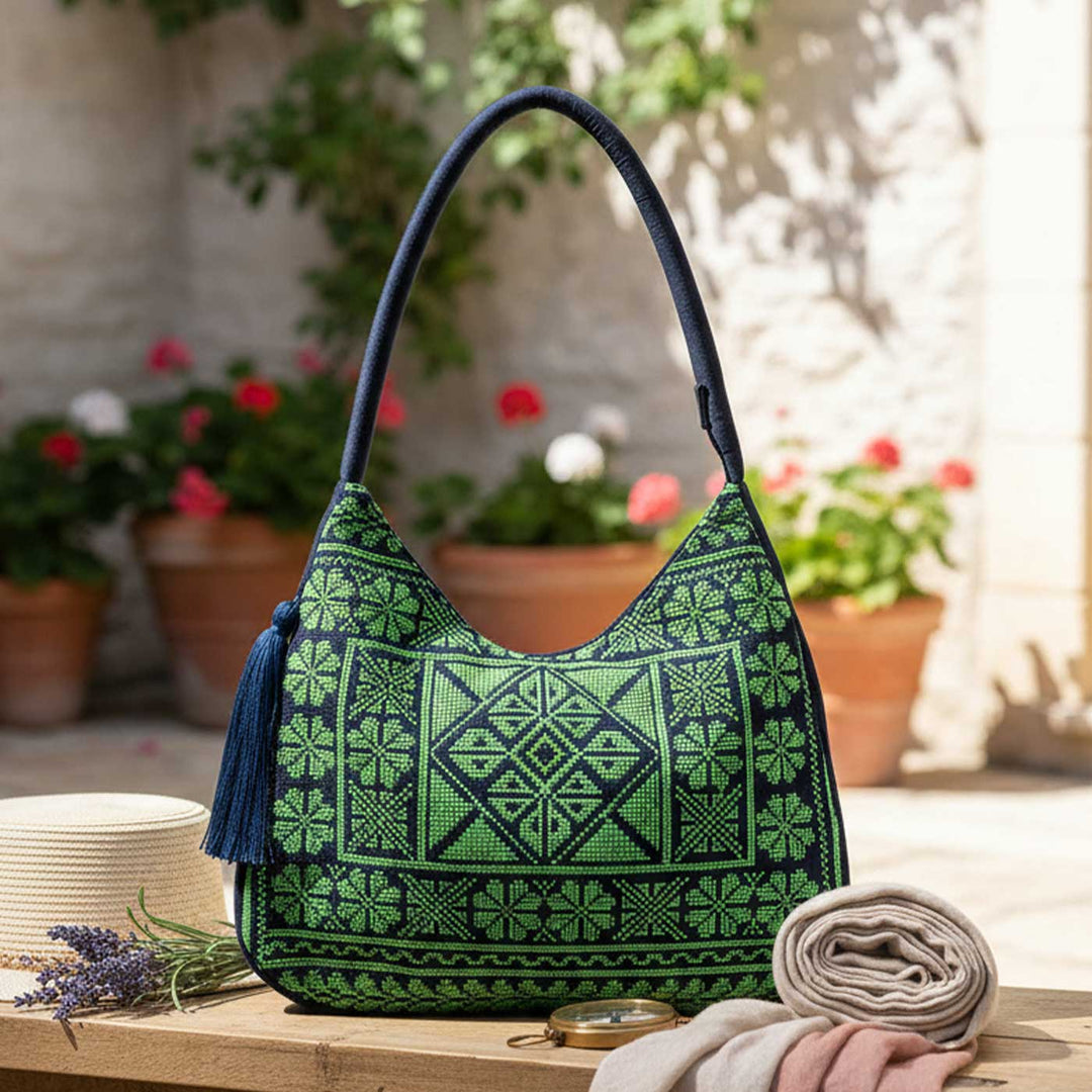 Lime Bloom Cross-Stitch Embroidered Hobo Shoulder Bag