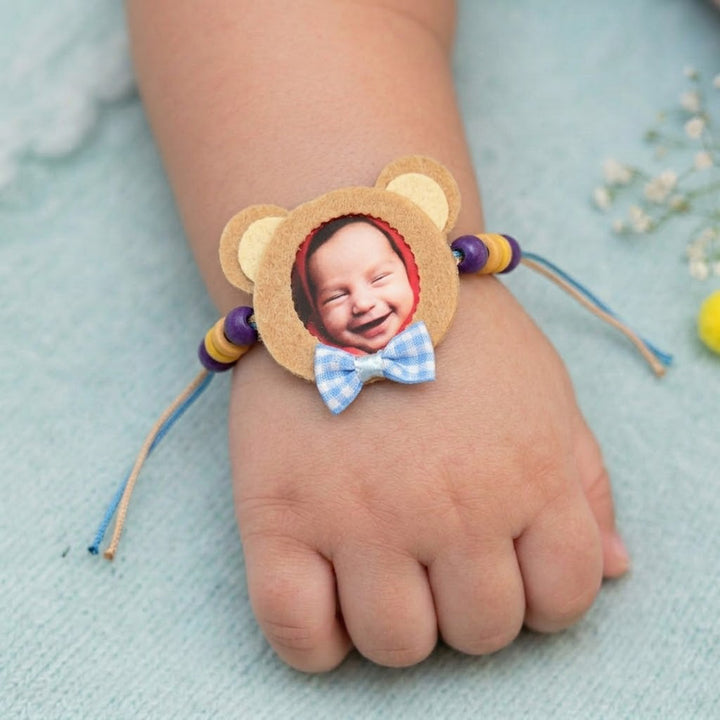 Photo Personalized Resuable Beaded Teddy Theme Felt Kids Rakhi With Roli Chawal