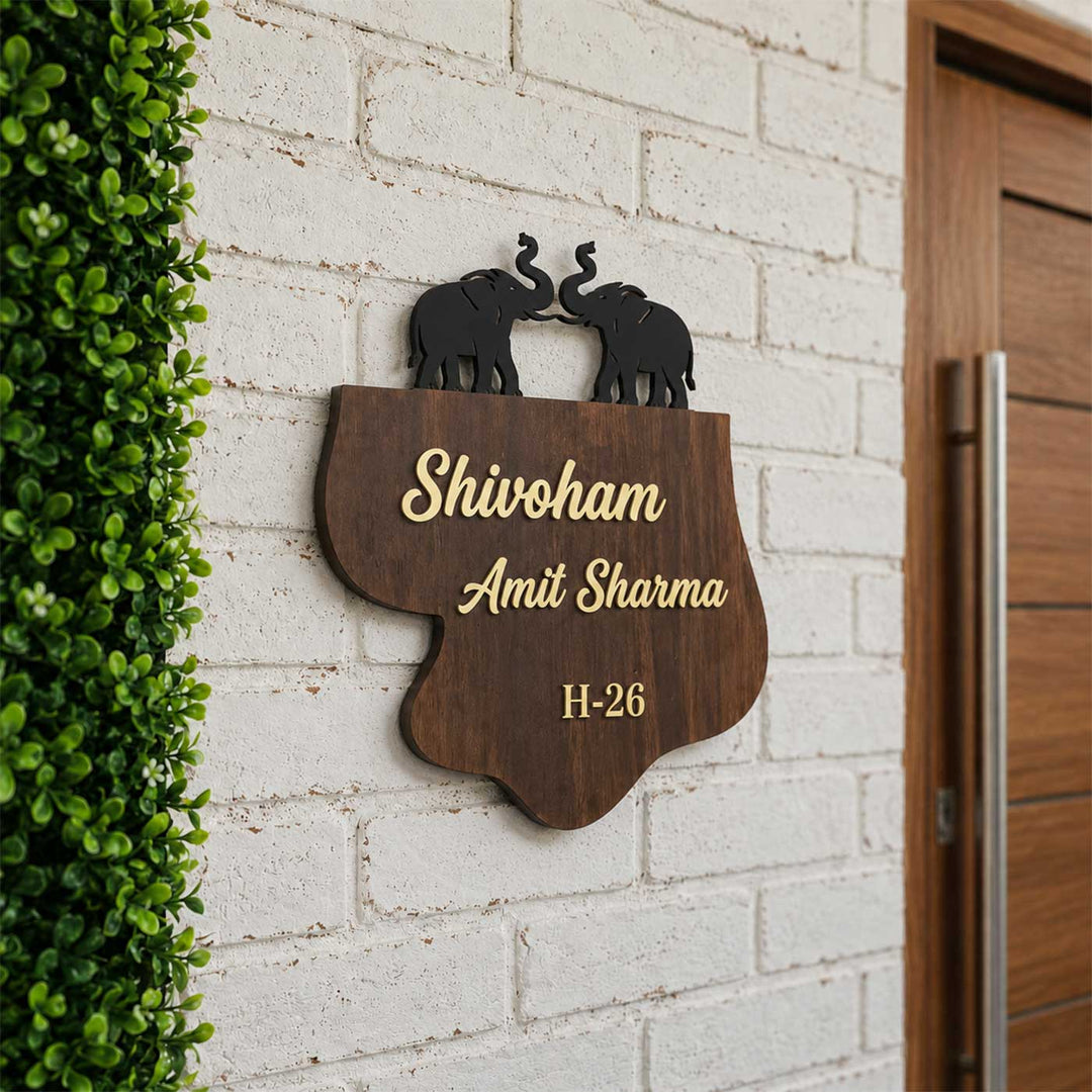 Personalized Elephant & Shiva Motif Rubber Wood Name Plate With 3D Metal Letters For Home