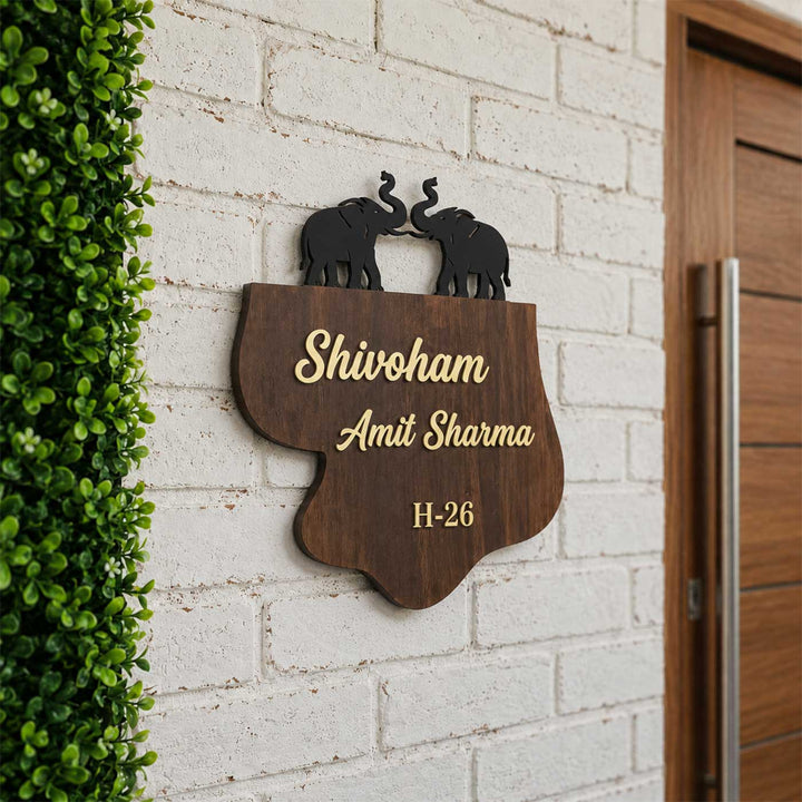 Personalized Elephant & Shiva Motif Rubber Wood Name Plate With 3D Metal Letters For Home