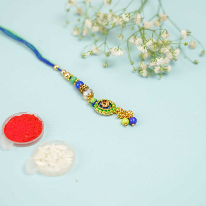 Handmade Beaded Green & Blue Jadtar Lumba Rakhi for Bhabhi With Roli Chawal