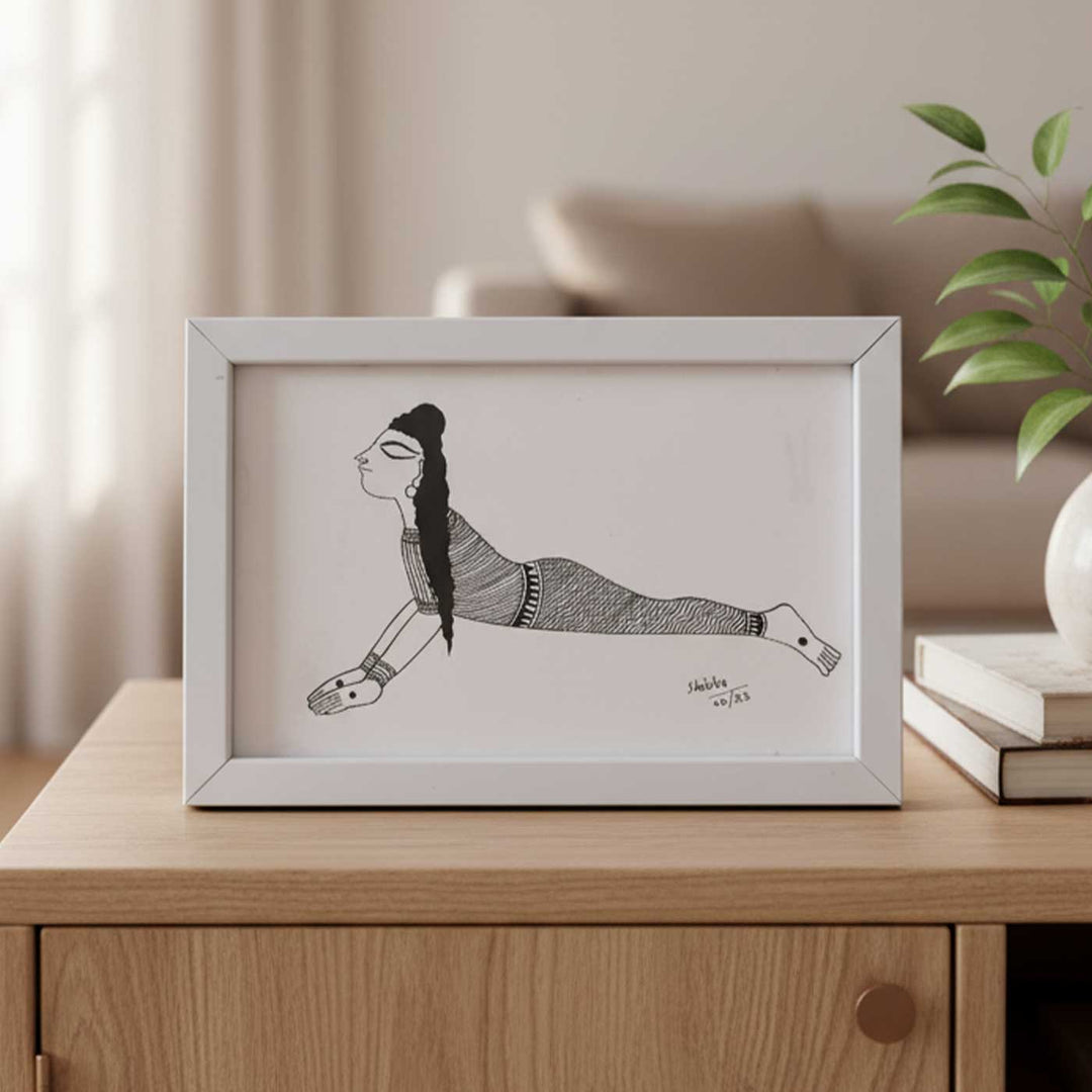 6 x 9 Inch | Bhujangansan Cobra Yoga Pose | Minimalist Black & White Mudhubani Style Line Drawing With Frame