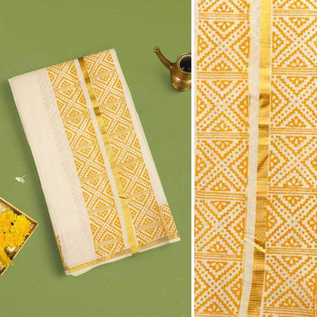 Mandala Motif Dhoti | Hand Block Printed Traditional Kasavu Dhoti With Golden Zari | Onam Special | 3.5m