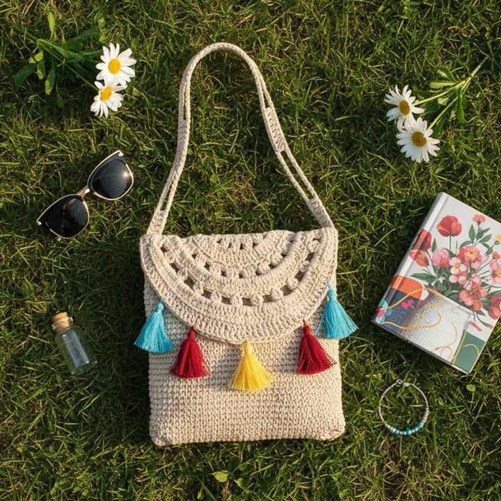 Handmade Crochet Tasseled Beach Sling Bag