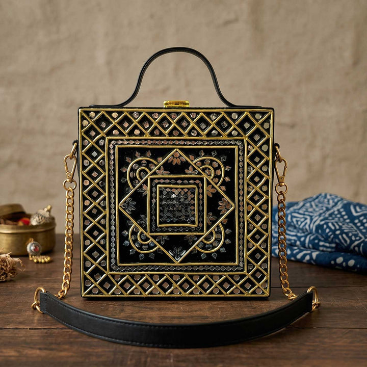 Handcrafted Geometric Black & Gold Lippan Art Box Bag