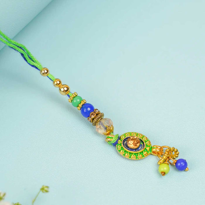 Handmade Beaded Green & Blue Jadtar Lumba Rakhi for Bhabhi With Roli Chawal