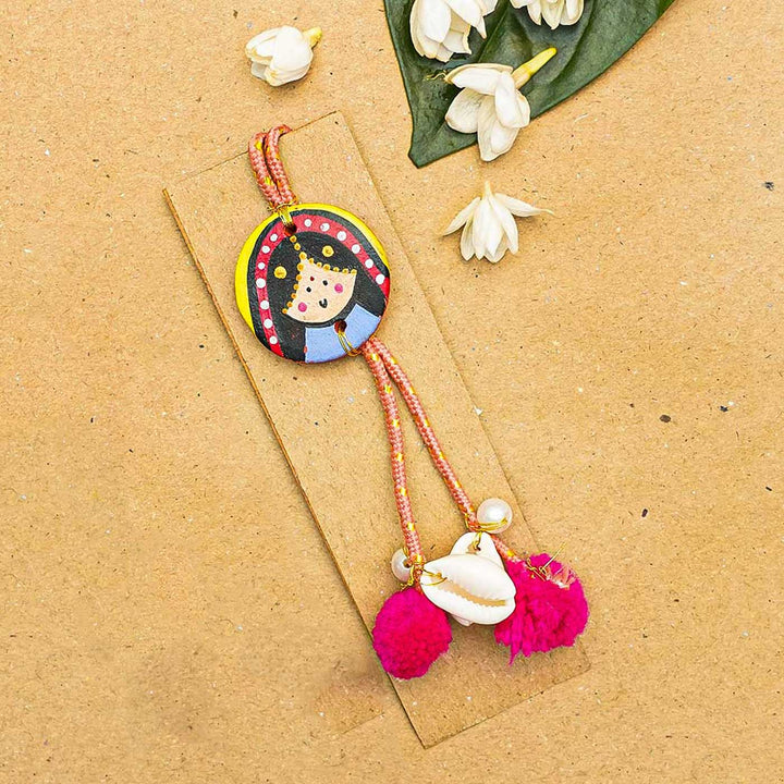 Handcrafted Rani Motif Beaded Terracotta Lumba Rakhi for Bhabhi With Roli Chawal