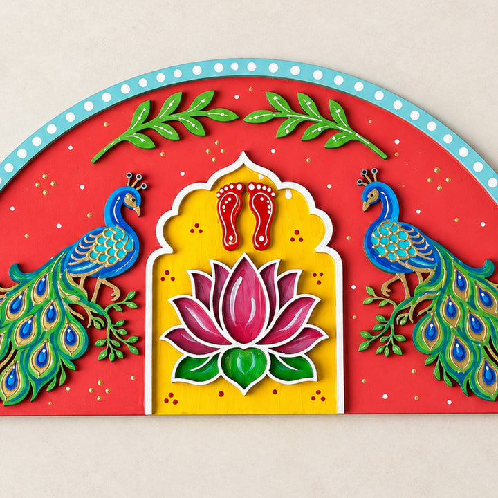 Hand-Painted Peacock & Lotus Semi-Circle Mdf Rangoli With Mirror Work For Festive Decor