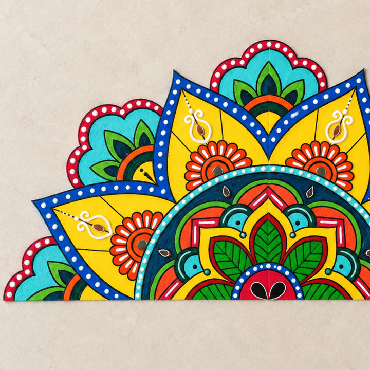 2 Pc | Hand-Painted Blue & Yellow Half Mandala Split Kolam Mdf Rangoli With Mirror Work For Festive Decor