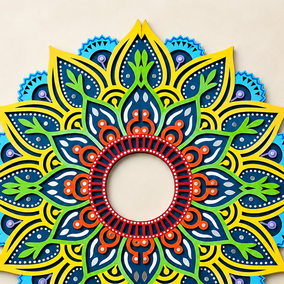 4 Pc | Hand-Painted Blue & Yellow Floral Lippan Art Mdf Split Rangoli For Festive Decor