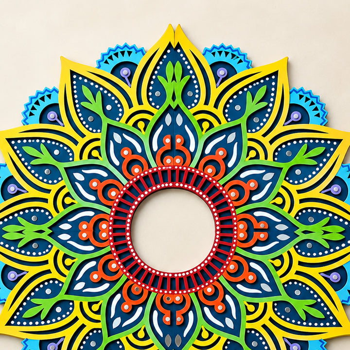 4 Pc | Hand-Painted Blue & Yellow Floral Lippan Art Mdf Split Rangoli For Festive Decor