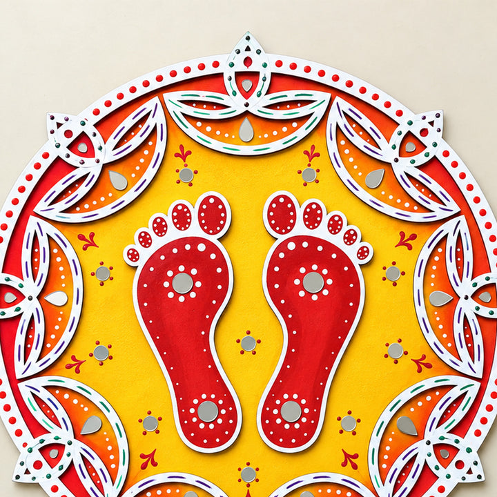 Hand-Painted Shubh Charan Floral Round Rangoli For Festive Decor