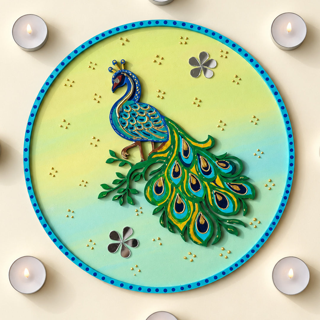 Hand-Painted Peacock Garden Round Rangoli For Festive Decor