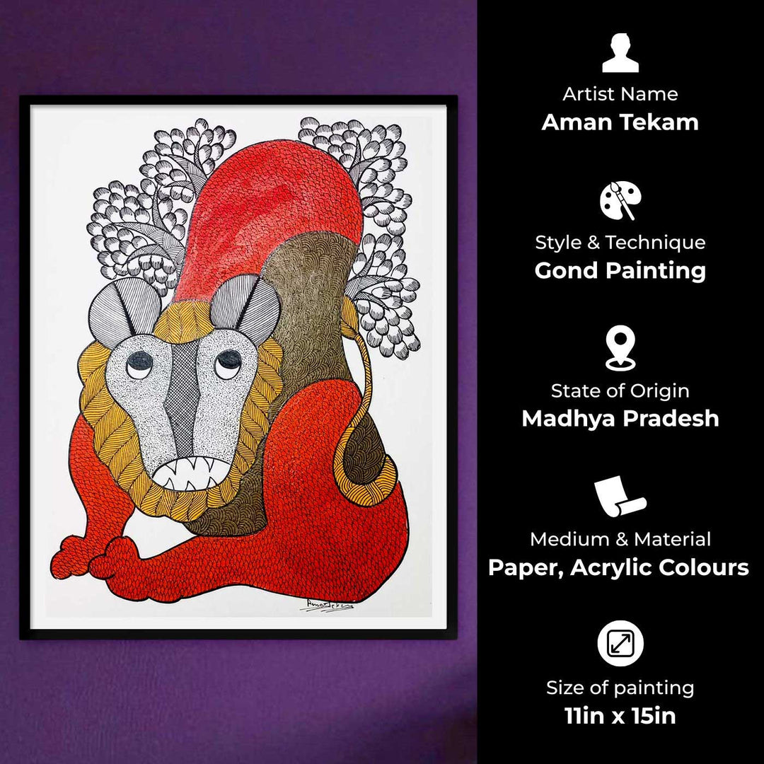 11 x 15 Inch | Lion of the Sacred Grove | Original Hand Painted Tribal Gond Art Painting | Acrylic Paints On Paper
