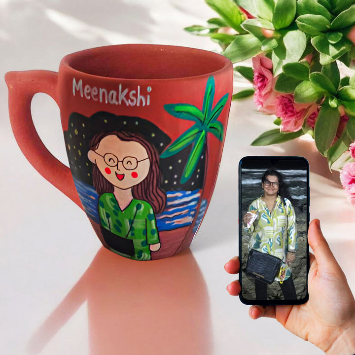 Handpainted Personalised 3D Terracotta Mug With Caricatures And Background