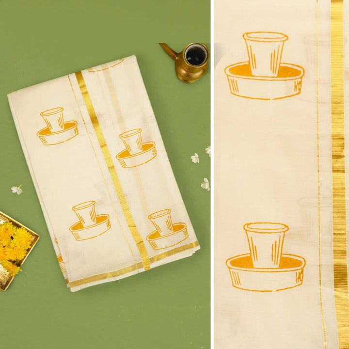 Filter Coffee Motif Dhoti | Hand Block Printed Traditional Kasavu Dhoti With Golden Zari | Onam Special | 3.5m