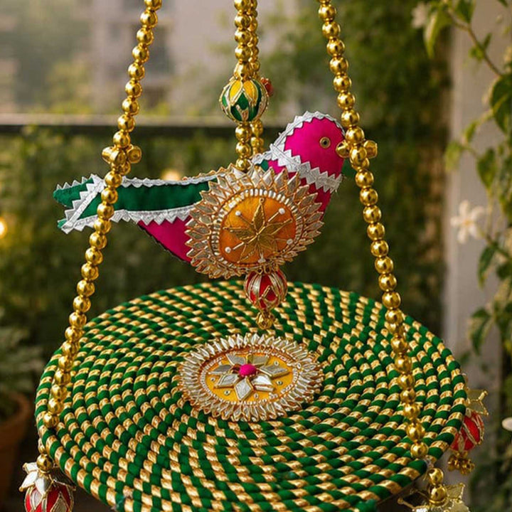 Handcrafted Chidiya Swing Gota Patti Bird Swing Wall Hanging with Beads & Pearls