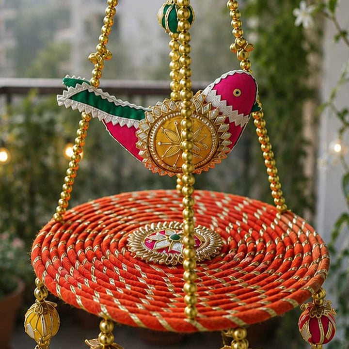 Handcrafted Chidiya Swing Gota Patti Bird Swing Wall Hanging with Beads & Pearls