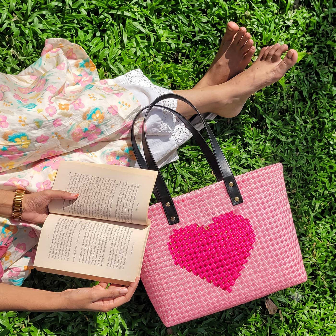 Pink Heart Mukhya Knot Handmade Koodai Tote Bag