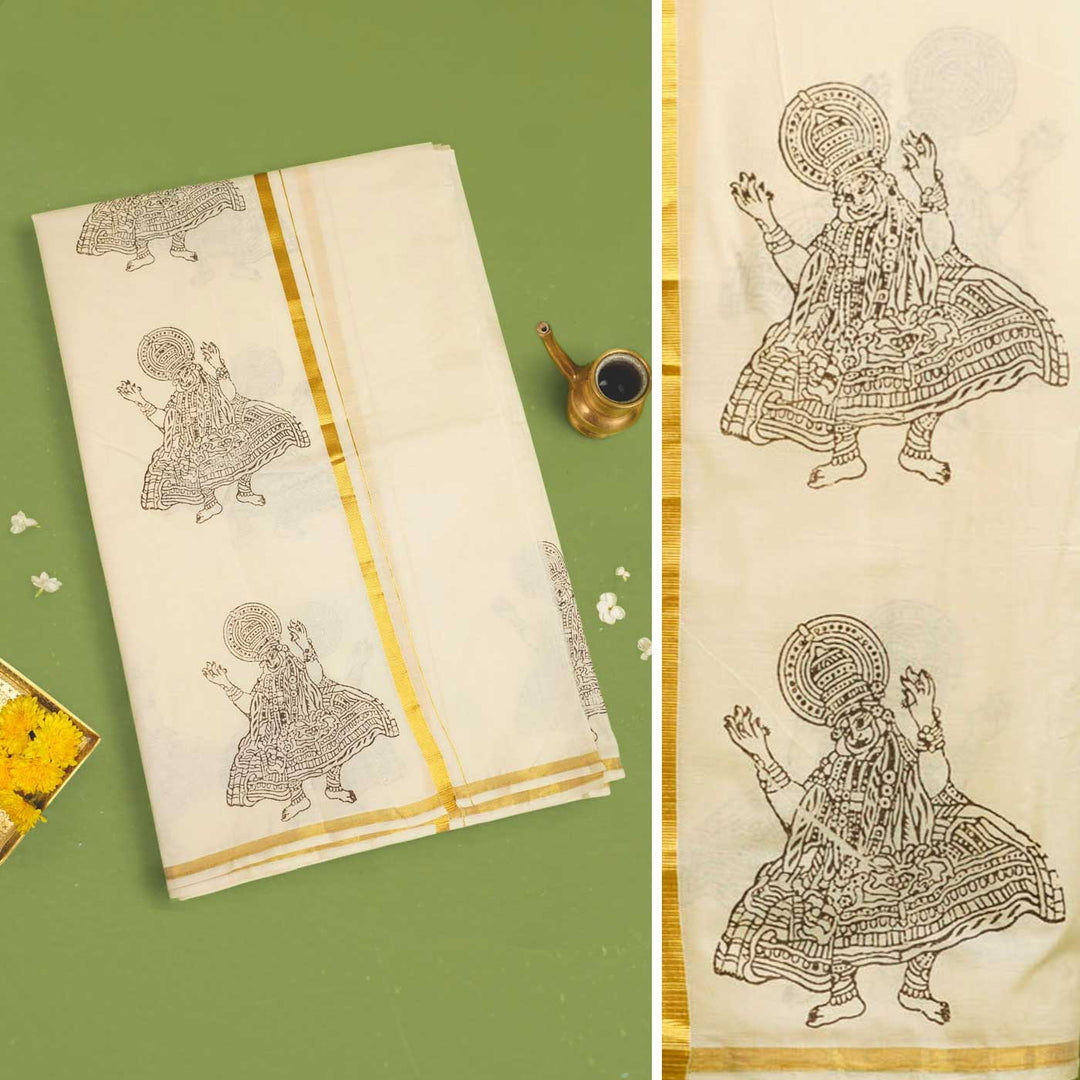 Kathakali Motif Dhoti | Hand Block Printed Traditional Kasavu Dhoti With Golden Zari | Onam Special | 3.5m