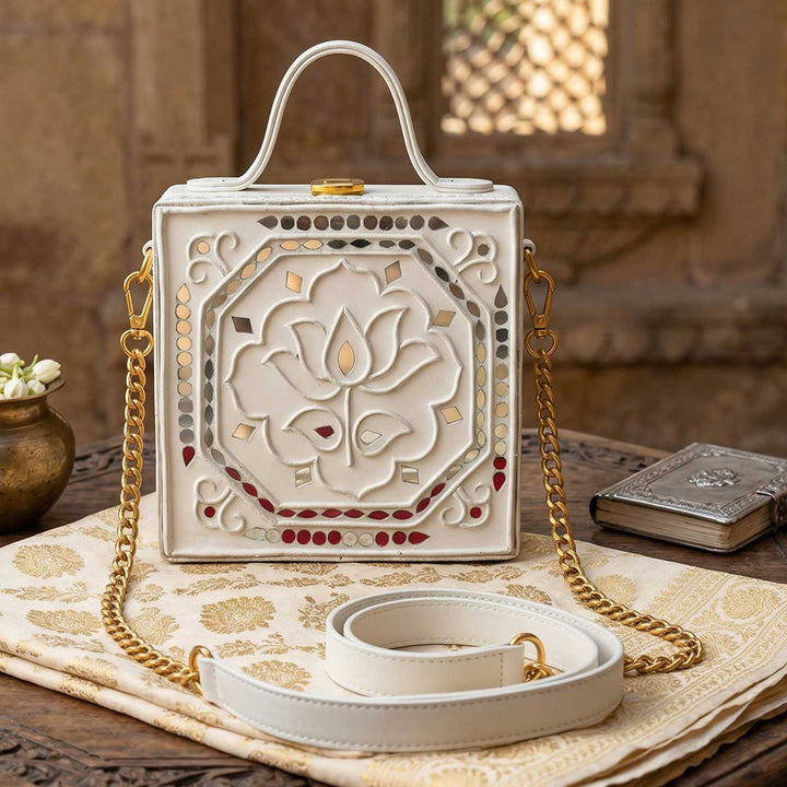 Handcrafted Mini White Lotus Lippan Art Box Bag