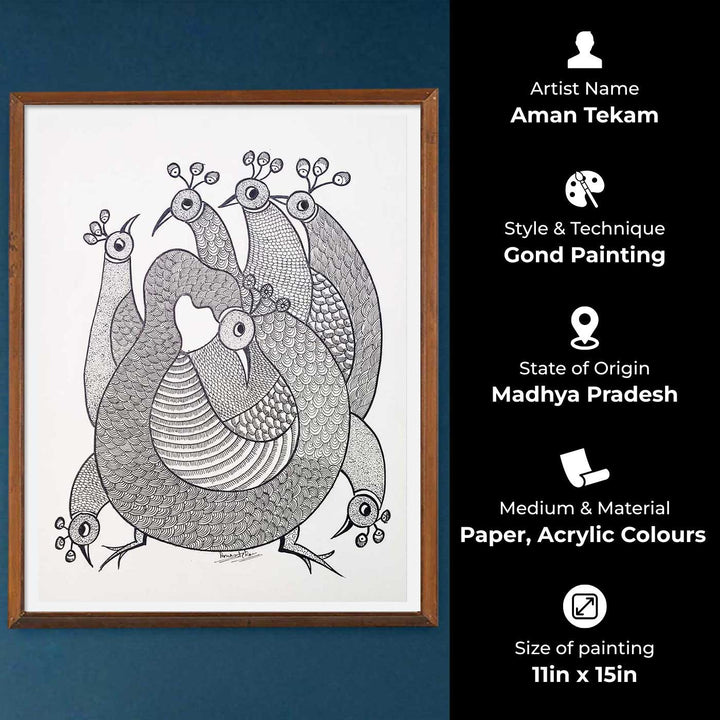 11 x 15 Inch | Peacock Family | Original Hand Painted Tribal Gond Art Painting | Acrylic Paints On Paper