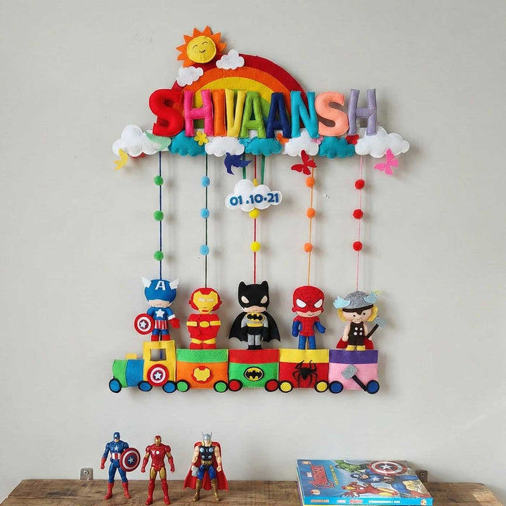 Personalized Rainbow & Superhero Train Theme Felt Kids Name Plate