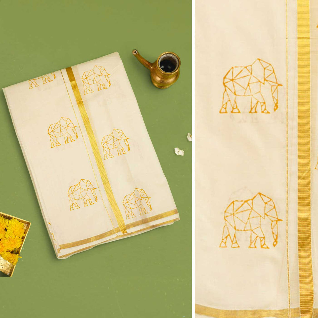 Elephant Motif Dhoti | Hand Block Printed Traditional Kasavu Dhoti With Golden Zari | Onam Special | 3.5m