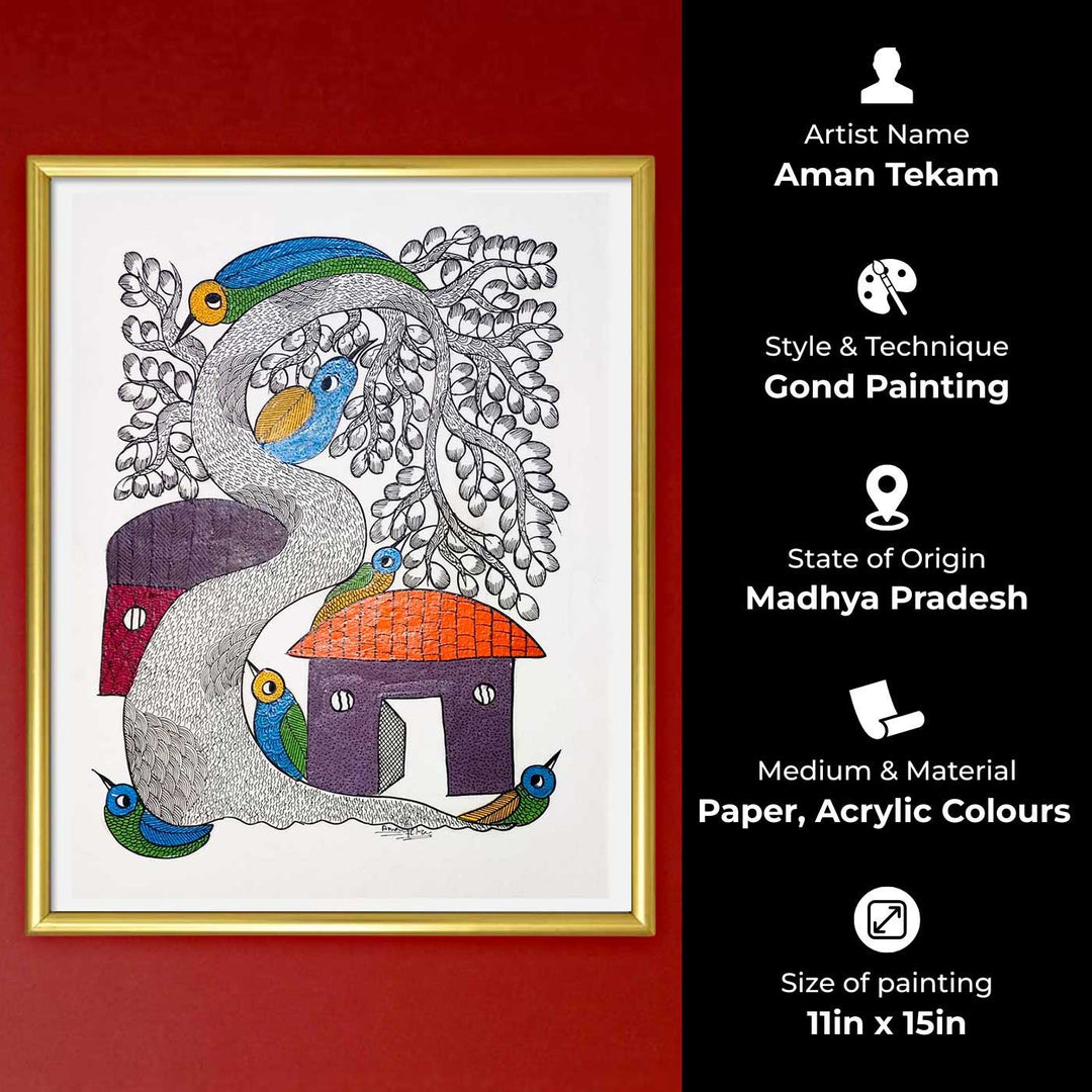 11 x 15 Inch | The Village that Sings | Original Hand Painted Tribal Gond Art Painting | Acrylic Paint On Paper