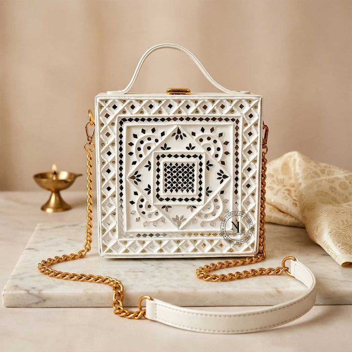 Handcrafted White Mandala Lippan Art Potli Sling Bag