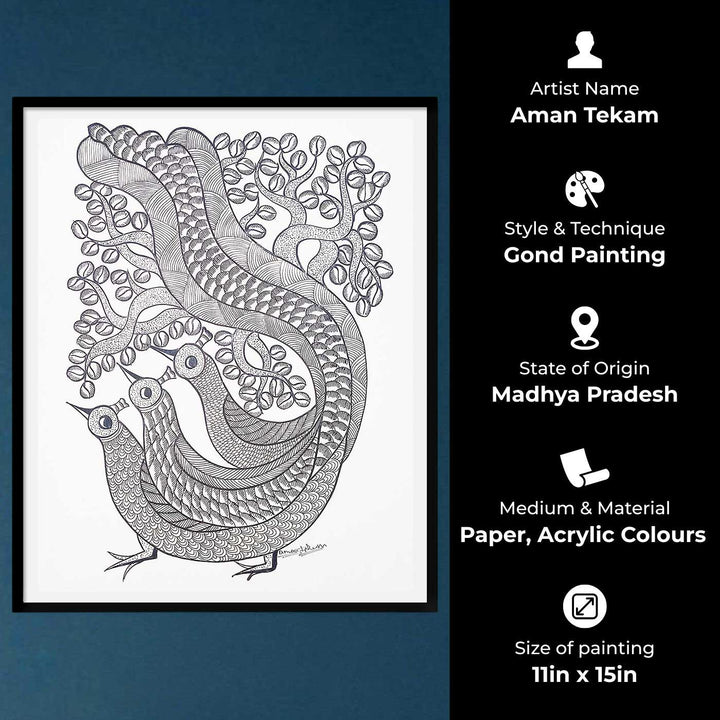 11 x 15 Inch | Trio Peacock | Original Hand Painted Tribal Gond Art Painting | Acrylic Paint On Paper