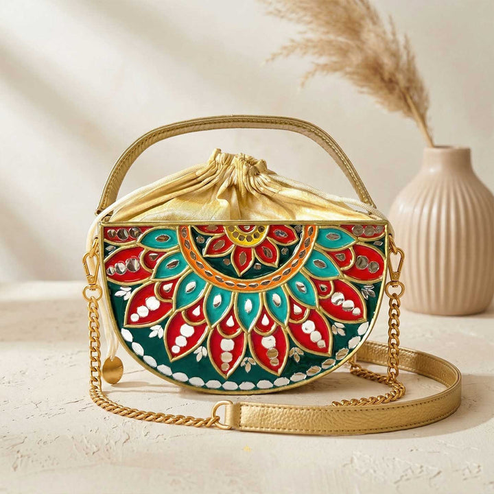 Handcrafted Green Festive Charm Lippan Art Potli Bag With Sling