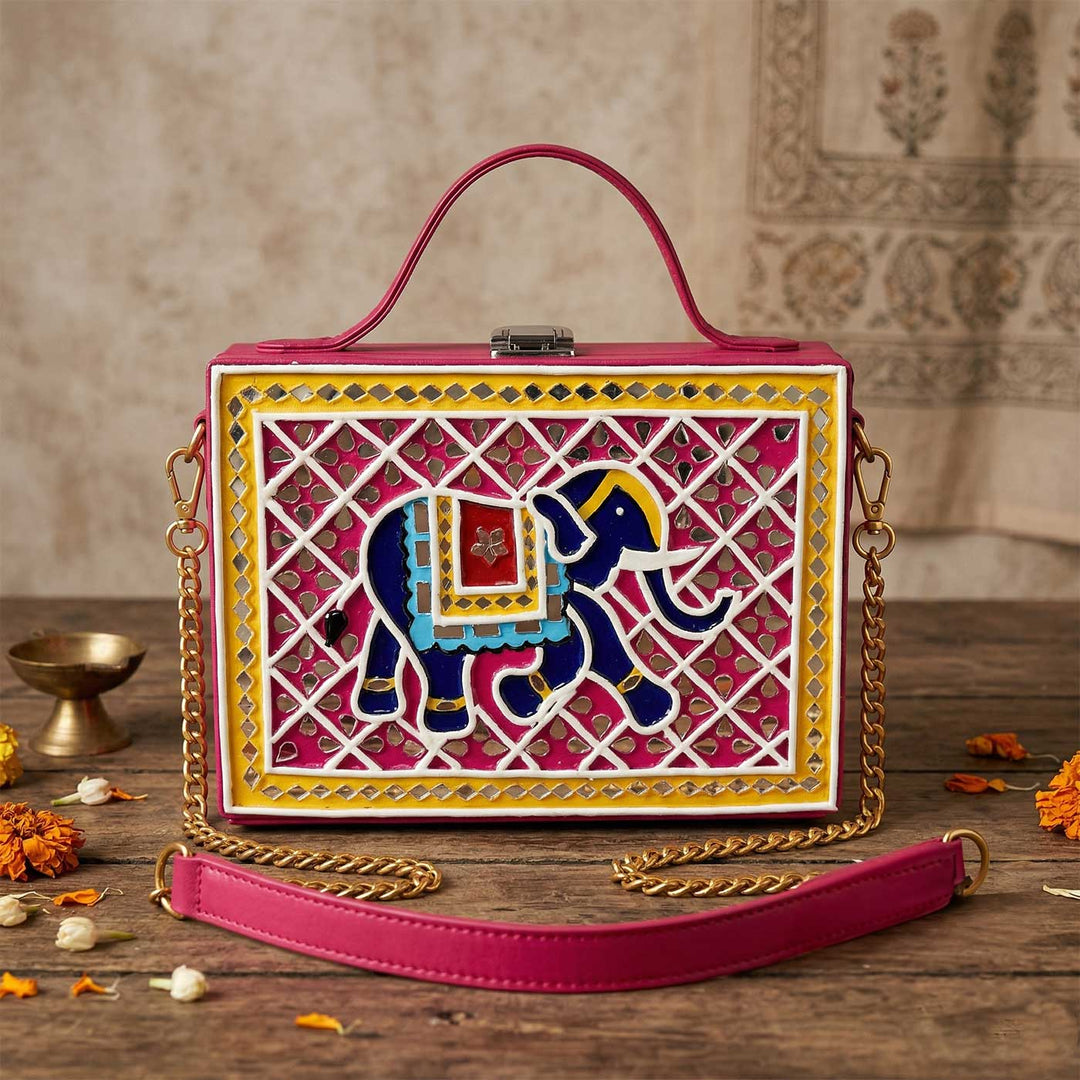 Handcrafted Elephant Lippan Art Box Sling Bag