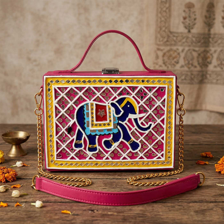 Handcrafted Elephant Lippan Art Box Sling Bag