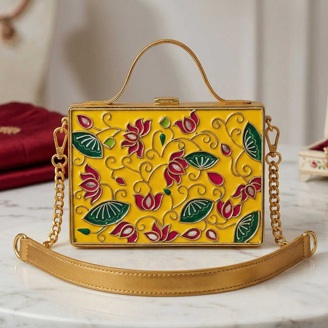 Handcrafted Lotus Rectangle Lippan Art Box Bag