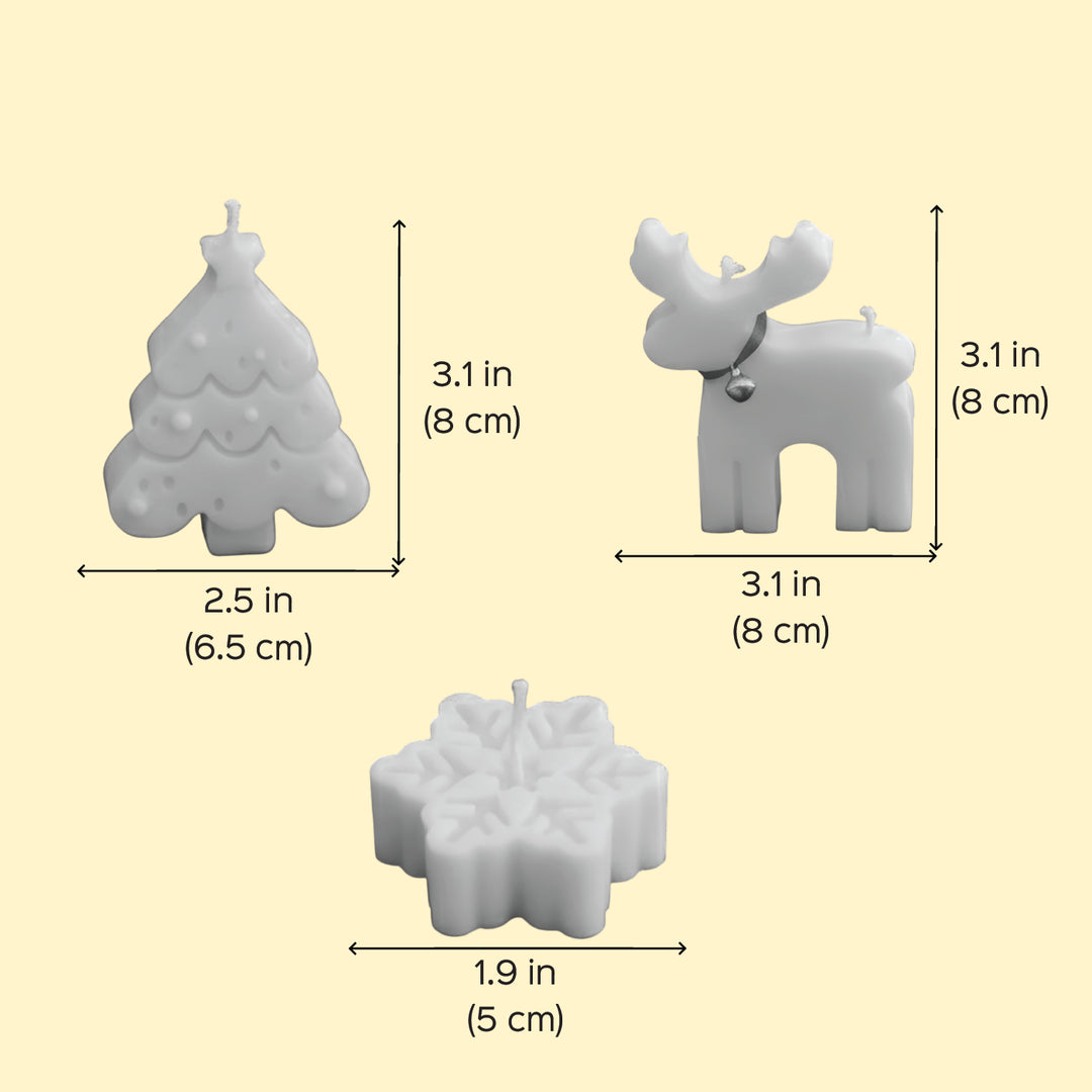 3 Pc | Handmade Scalloped Tree, Reindeer & Snowflake Soy Wax Candles