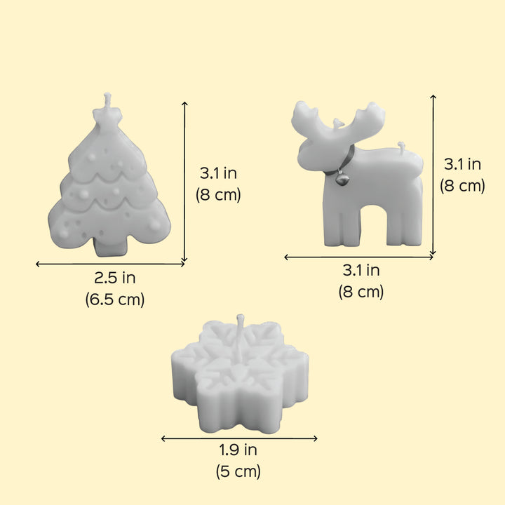 3 Pc | Handmade Scalloped Tree, Reindeer & Snowflake Soy Wax Candles