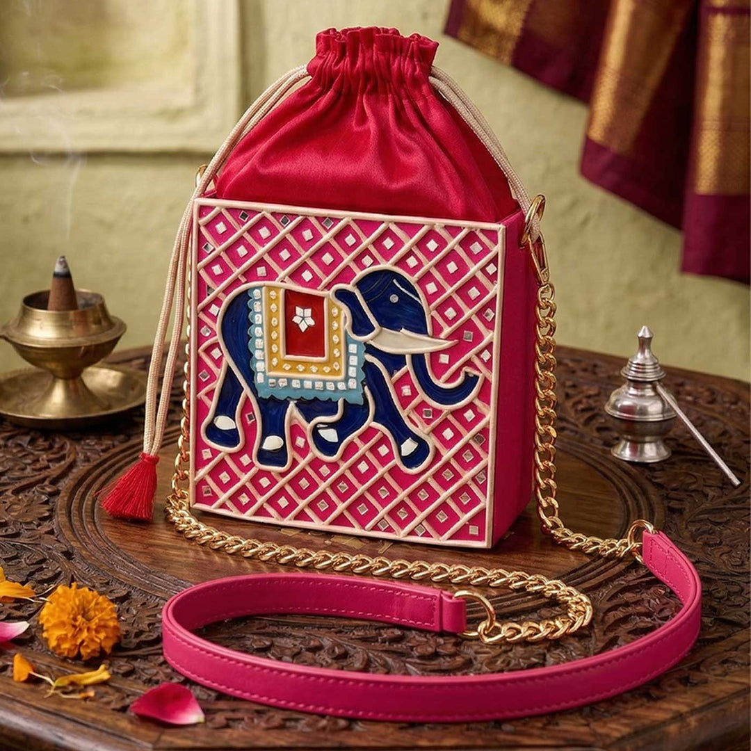 Handcrafted Elephant Lippan Art Medium Potli Sling Bag