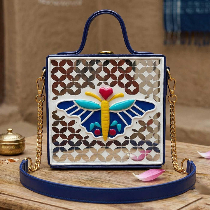 Handcrafted Mini Butterfly Lippan Art Square Box Bag