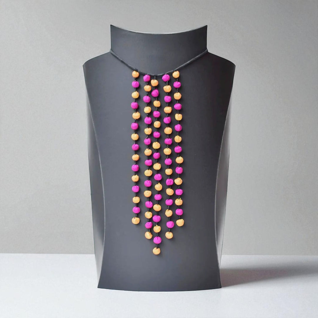 Handmade Textile Art Long Round Tasssls Dupion Silk Fabric Necklace
