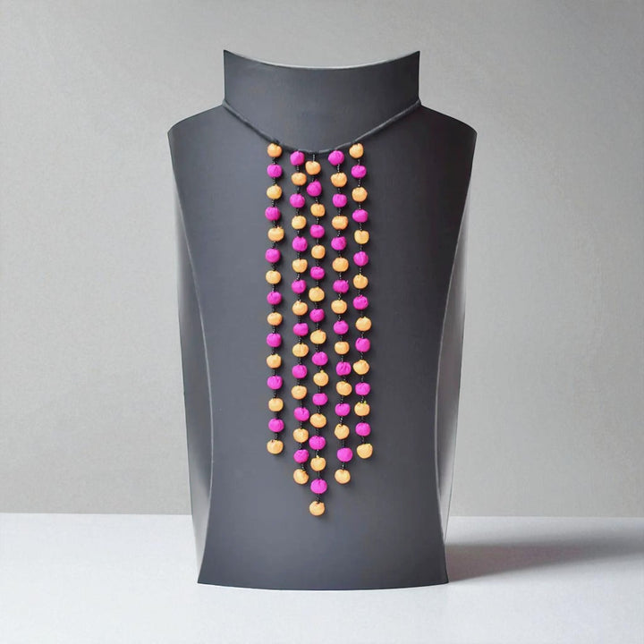 Handmade Textile Art Long Round Tasssls Dupion Silk Fabric Necklace
